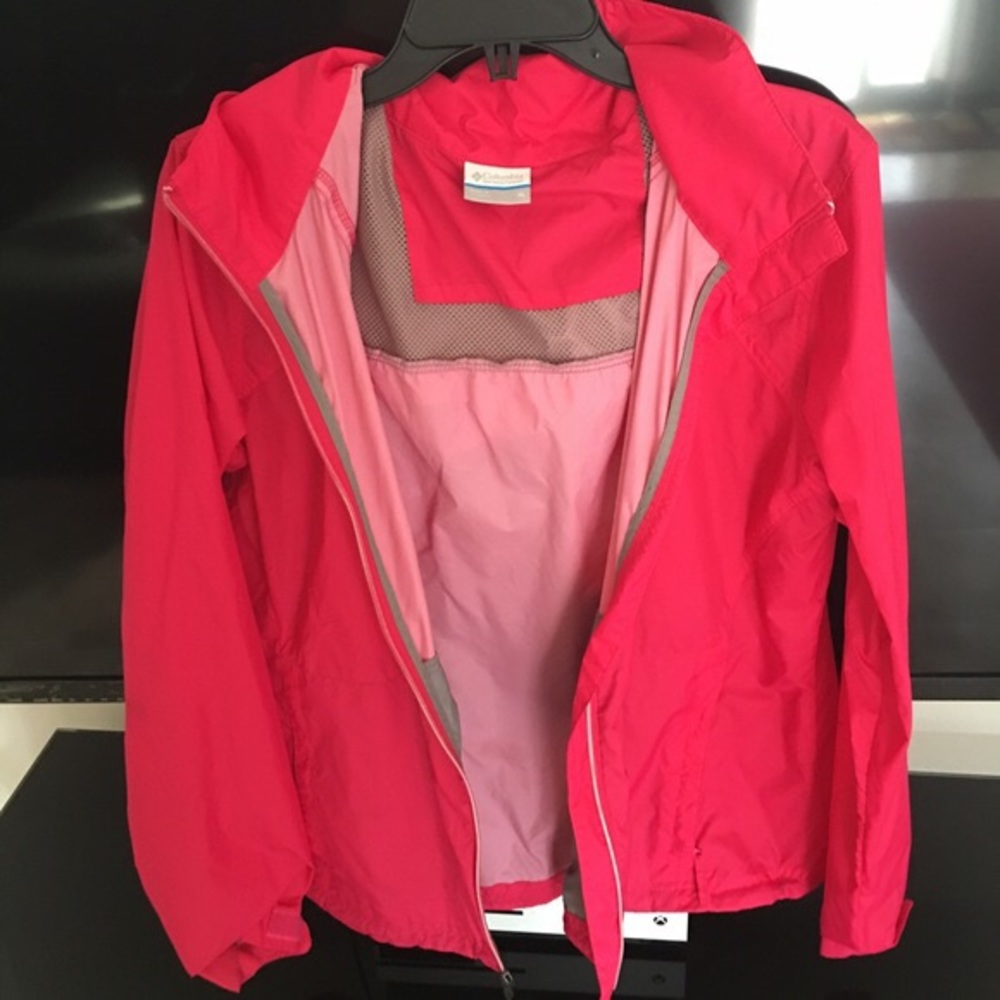 dark pink columbia rain jacket